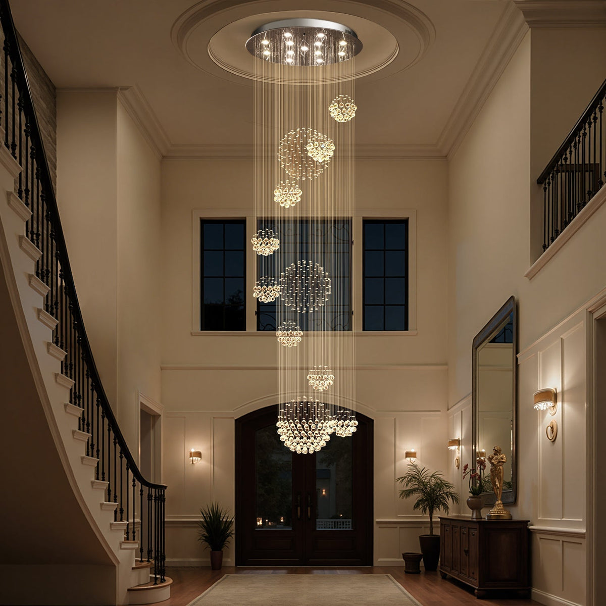 Spiral Raindrop Crystal Pendant Light 120 in Drop Chrome Multi-Tier Fixture for High Ceilings Entryways Double-Height Foyers Stairwells | Thomler