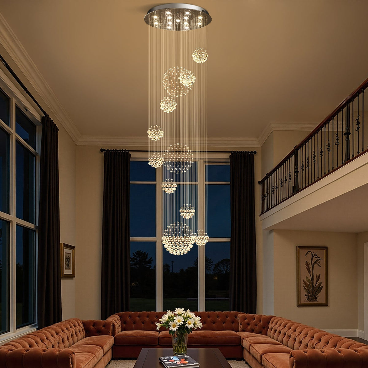 Spiral Raindrop Crystal Pendant Light 120 in Drop Chrome Multi-Tier Fixture for High Ceilings Entryways Double-Height Foyers Stairwells | Thomler
