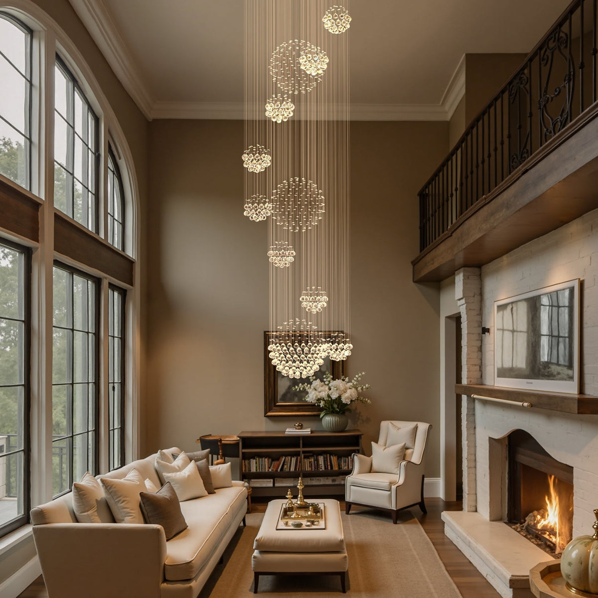 Spiral Raindrop Crystal Pendant Light 120 in Drop Chrome Multi-Tier Fixture for High Ceilings Entryways Double-Height Foyers Stairwells | Thomler