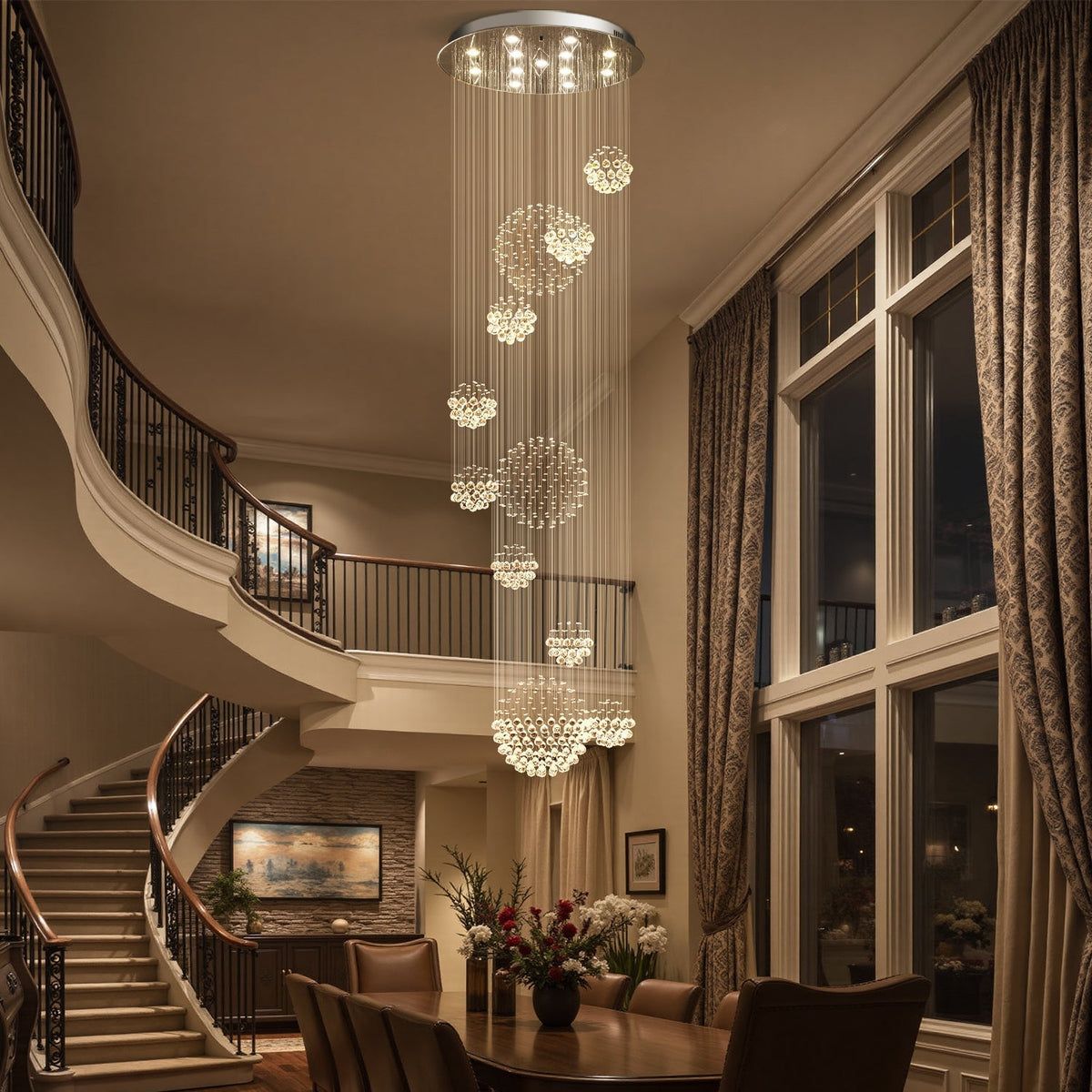 Spiral Raindrop Crystal Pendant Light 120 in Drop Chrome Multi-Tier Fixture for High Ceilings Entryways Double-Height Foyers Stairwells | Thomler