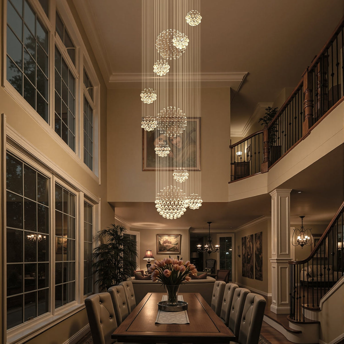 Spiral Raindrop Crystal Pendant Light 120 in Drop Chrome Multi-Tier Fixture for High Ceilings Entryways Double-Height Foyers Stairwells | Thomler