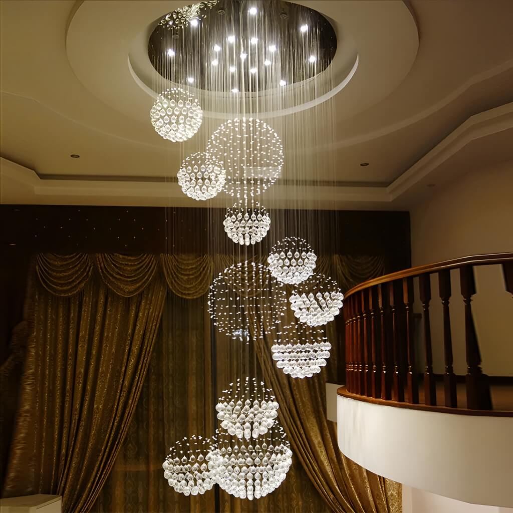 Spiral Raindrop Crystal Pendant Light 120 in Drop Chrome Multi-Tier Fixture for High Ceilings Entryways Double-Height Foyers Stairwells | Thomler