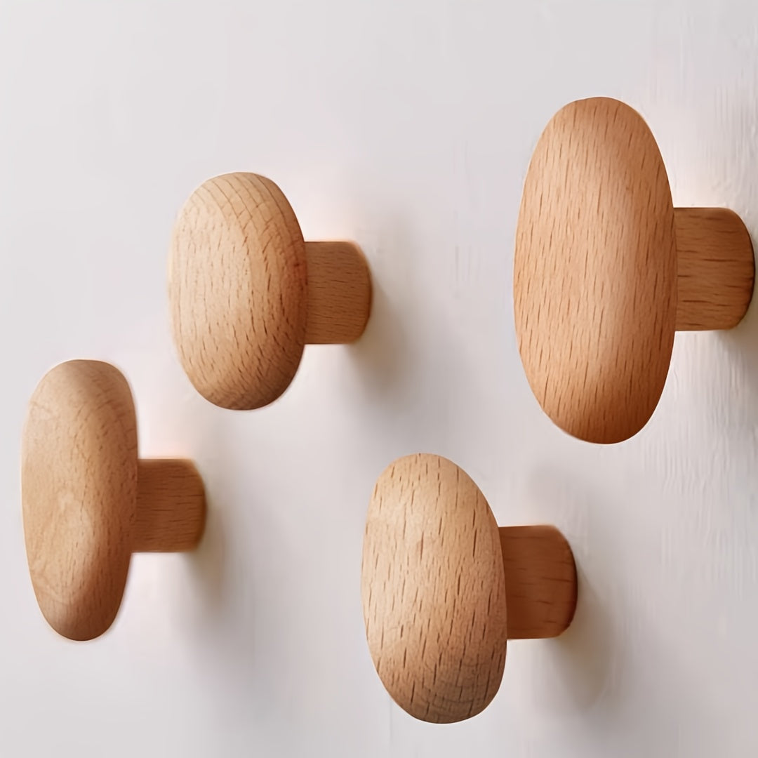 Pebble-Shaped Wooden Pegs 4-Piece Storage Organizer Set Natural Finish for Entryway Bathroom Bedroom Kitchen Minimalist Decor | Thomler