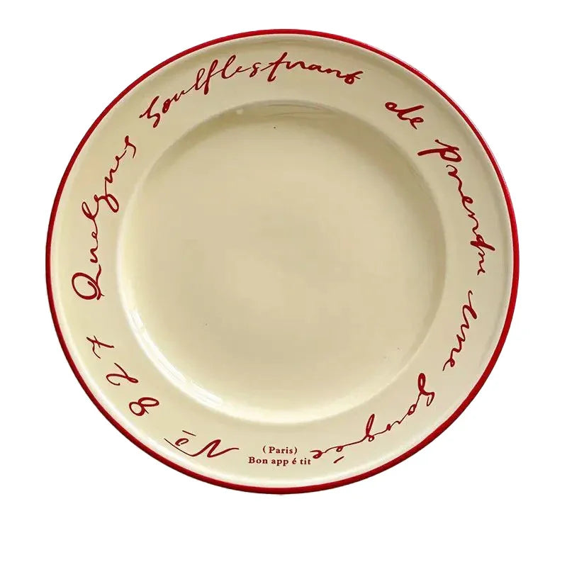 Ceramic Dessert Plate 8 Inch Round Pastel Serving Dish with Script Detail for Kitchen Table Breakfast Pastry Appetizer Snack | Thomler