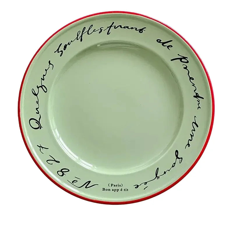 Ceramic Dessert Plate 8 Inch Round Pastel Serving Dish with Script Detail for Kitchen Table Breakfast Pastry Appetizer Snack | Thomler