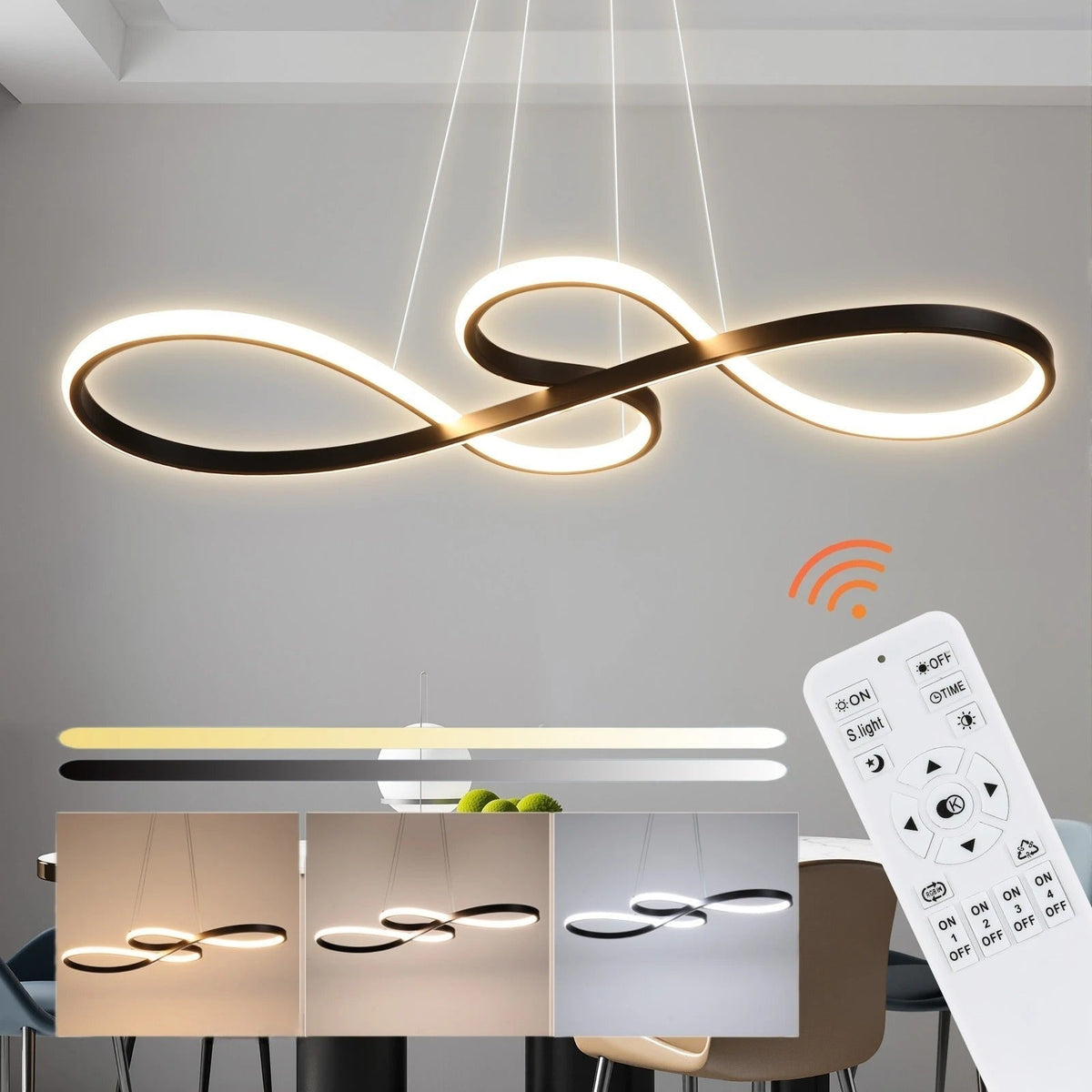 Modern Circle Hanging Fixture with Remote Dimming for Dining Room & Kitchen Island Adjustable Height 47 in Black White Gold Finish Contempor | Thomler