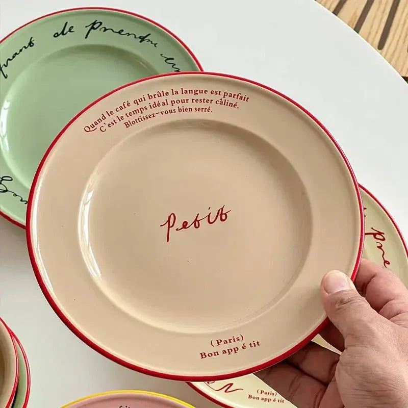 Ceramic Dessert Plate 8 Inch Round Pastel Serving Dish with Script Detail for Kitchen Table Breakfast Pastry Appetizer Snack | Thomler