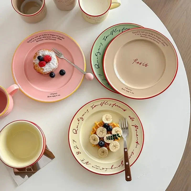 Ceramic Dessert Plate 8 Inch Round Pastel Serving Dish with Script Detail for Kitchen Table Breakfast Pastry Appetizer Snack | Thomler