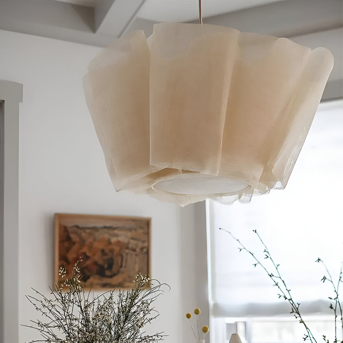 Geplooide stoffen hanglamp voor aan het plafond 40 cm Warm Crème voor eetkamer keukeneiland Scandinavisch Japans modern minimalistisch sfeervol licht | Thomler