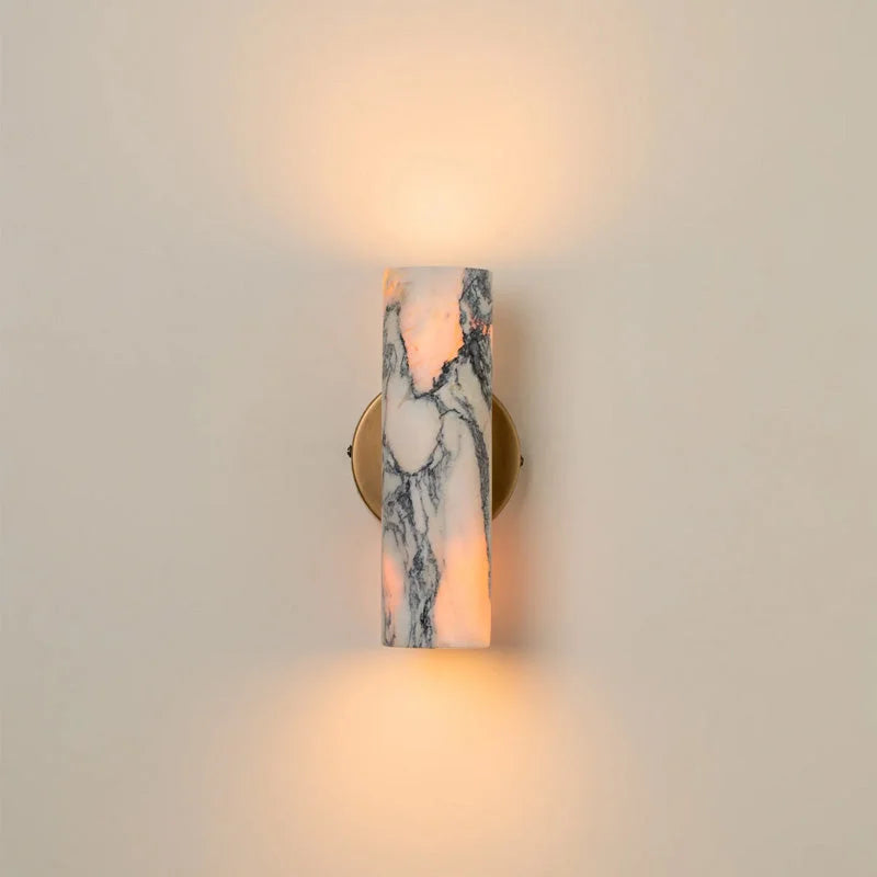 Stone Cylinder Wall Sconce Warm White LED 9.4 Inches Tall Brass Mount for Bedroom Hallway Bathroom Living Room Minimalist Natural Marble | Thomler