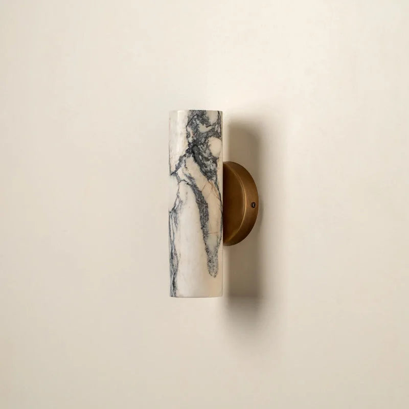 Stone Cylinder Wall Sconce Warm White LED 9.4 Inches Tall Brass Mount for Bedroom Hallway Bathroom Living Room Minimalist Natural Marble | Thomler