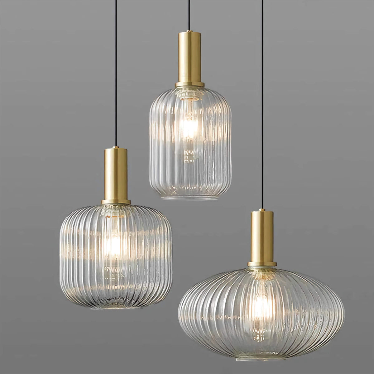 Hanging Ceiling Fixture with Fluted Glass Shade 12-Inch Gold Hardware for Counter Island Table Task Lighting Modern Single-Drop Cord Mount E | Thomler