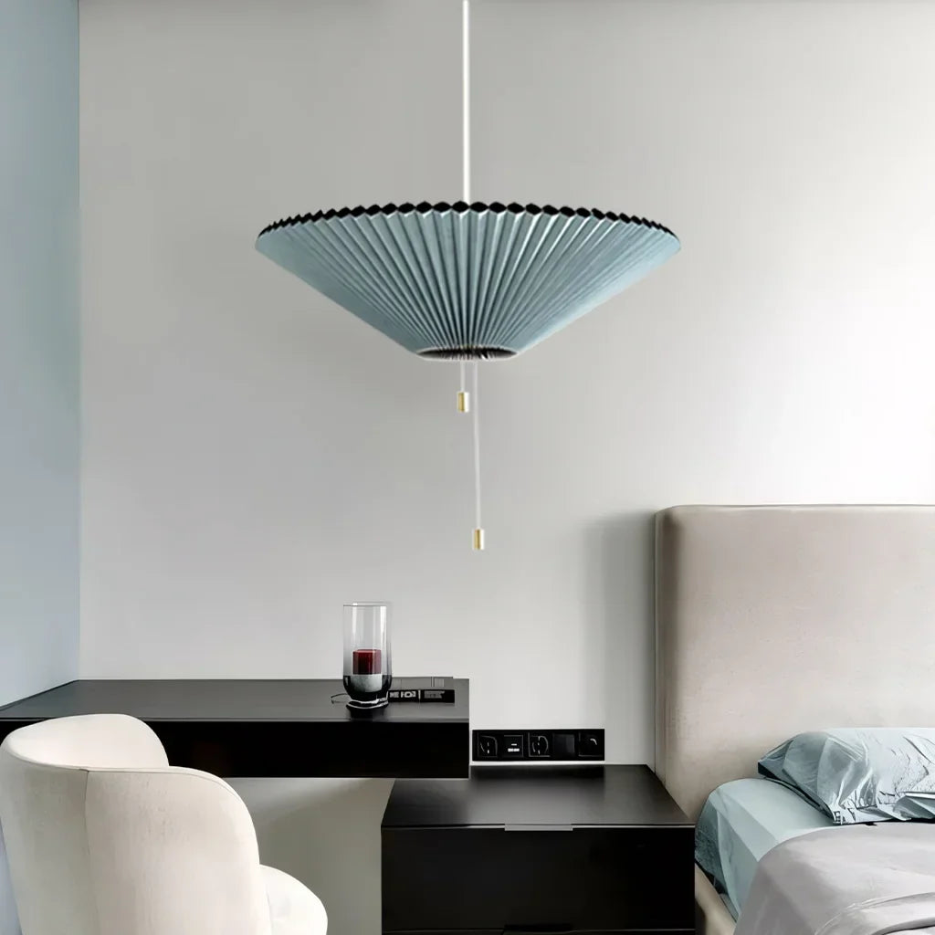 Sculptural Paper Shade Hanging Fixture with Transformable Geometry for Overhead Illumination Above Tables Islands Counters Light Blue Warm G | Thomler