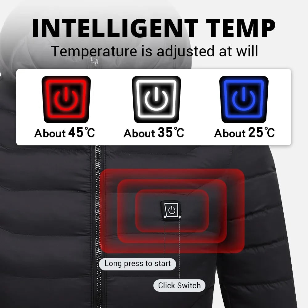 Insulated Quilted Puffer Coat with Built-In Hood & 3-Level Heat Control for Cold Weather