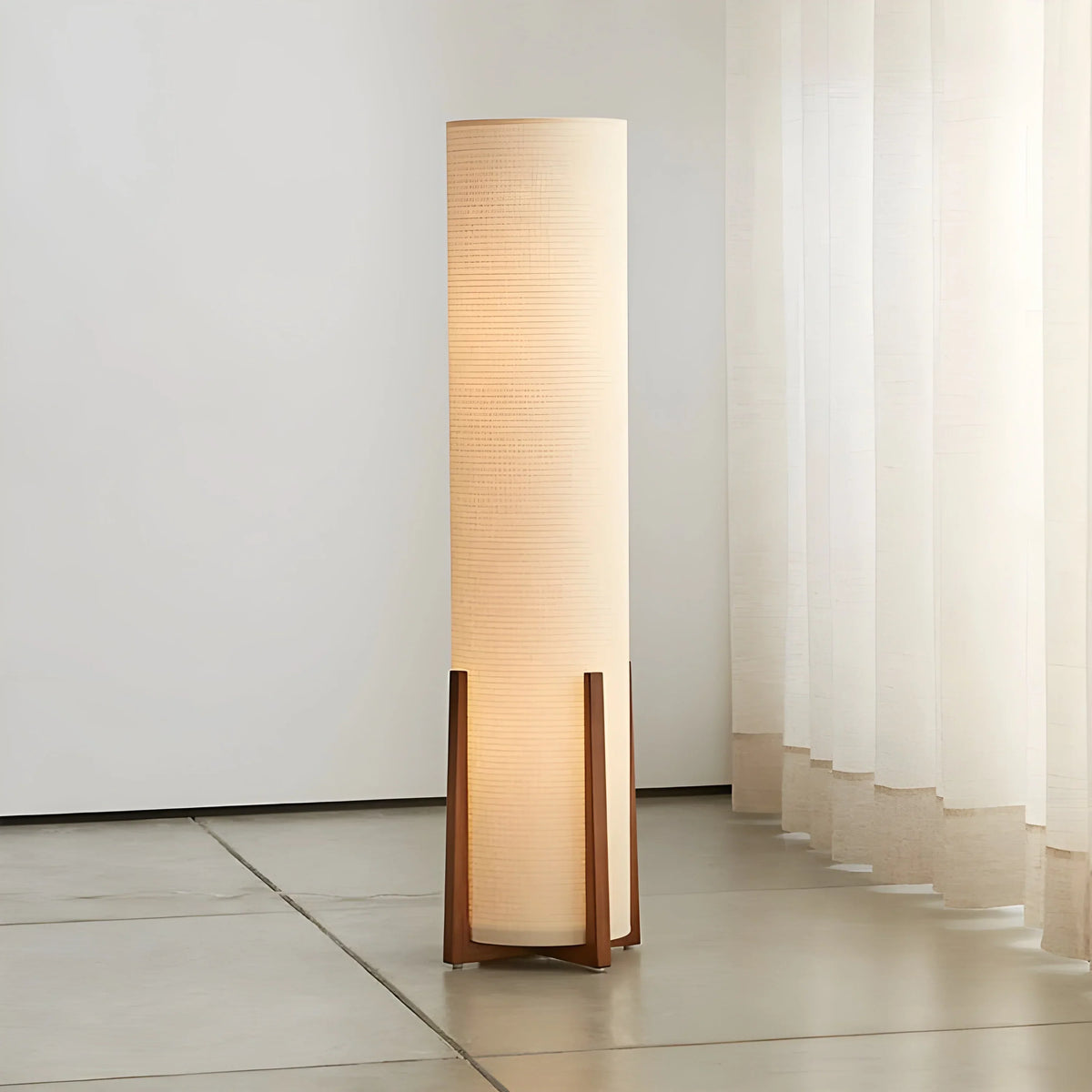 Wooden Standing Lamp with Cylinder Fabric Shade 47 in Tall Ambient Light for Living Room Bedroom Reading Corner Modern Neutral Decor Accent | Thomler
