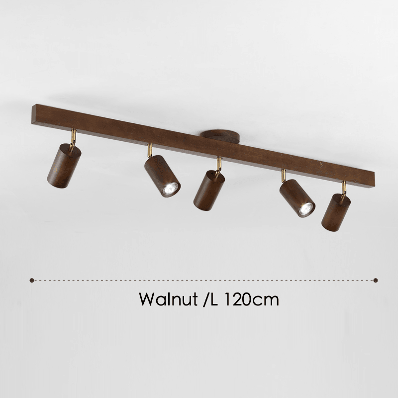 Houten railverlichting met verstelbare spots voor keuken, eetkamer & slaapkamer – 119 cm plafondlamp van natuurlijk hout – 1 tot 5 koppen | Thomler