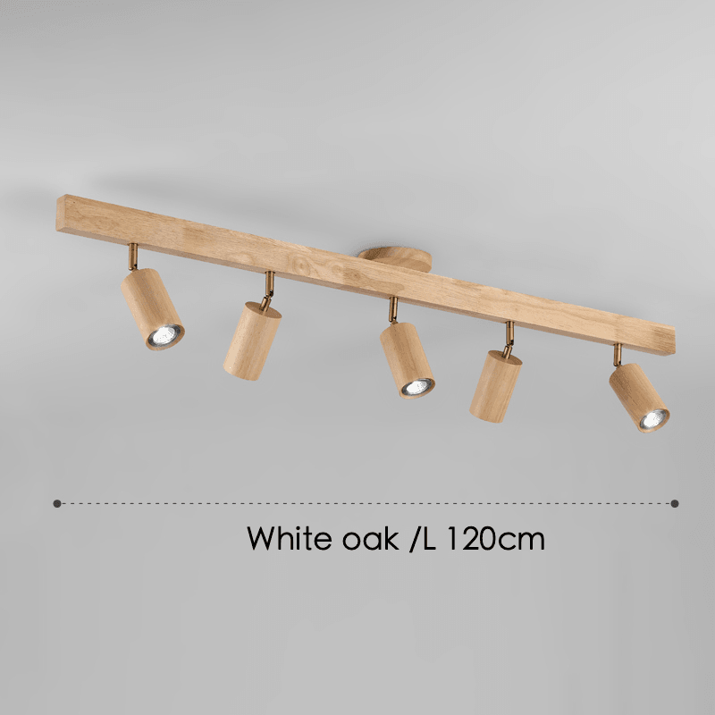 Houten railverlichting met verstelbare spots voor keuken, eetkamer & slaapkamer – 119 cm plafondlamp van natuurlijk hout – 1 tot 5 koppen | Thomler