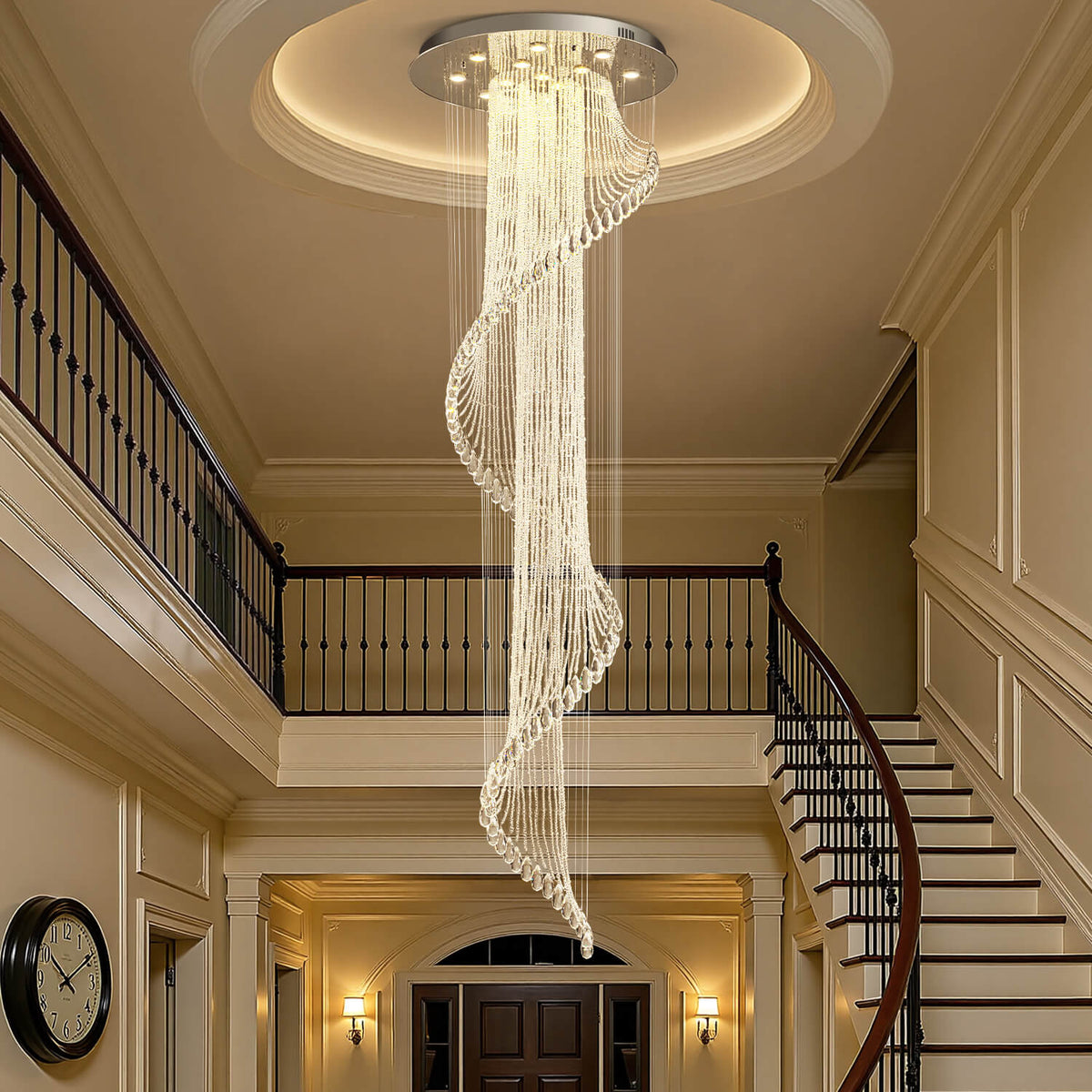 Spiral Crystal Pendant Light for Stairwell Foyer Entryway 118 in Drop Chrome Finish GU10 Socket High Ceiling Statement Fixture Two-Story Hal | Thomler