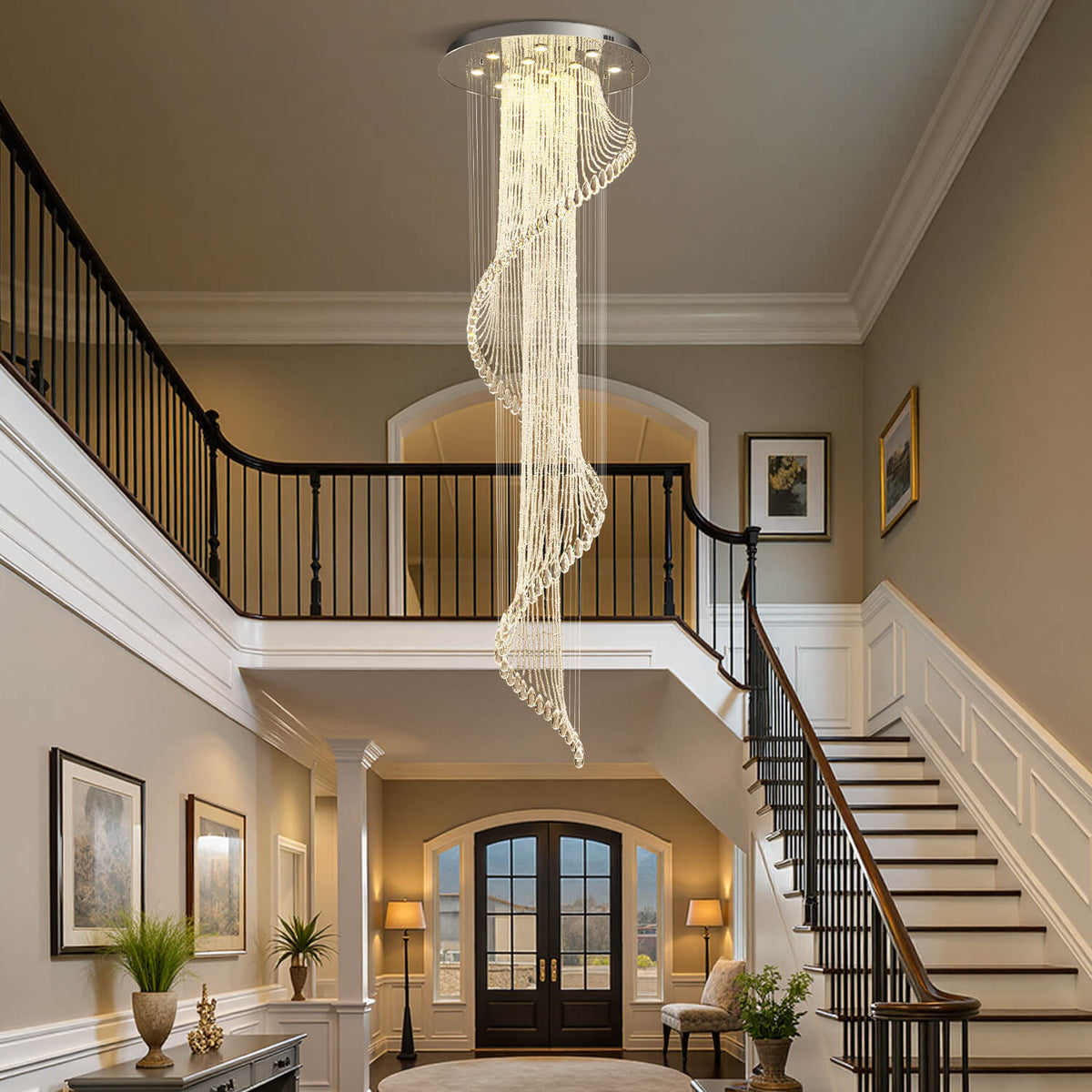 Spiral Crystal Pendant Light for Stairwell Foyer Entryway 118 in Drop Chrome Finish GU10 Socket High Ceiling Statement Fixture Two-Story Hal | Thomler
