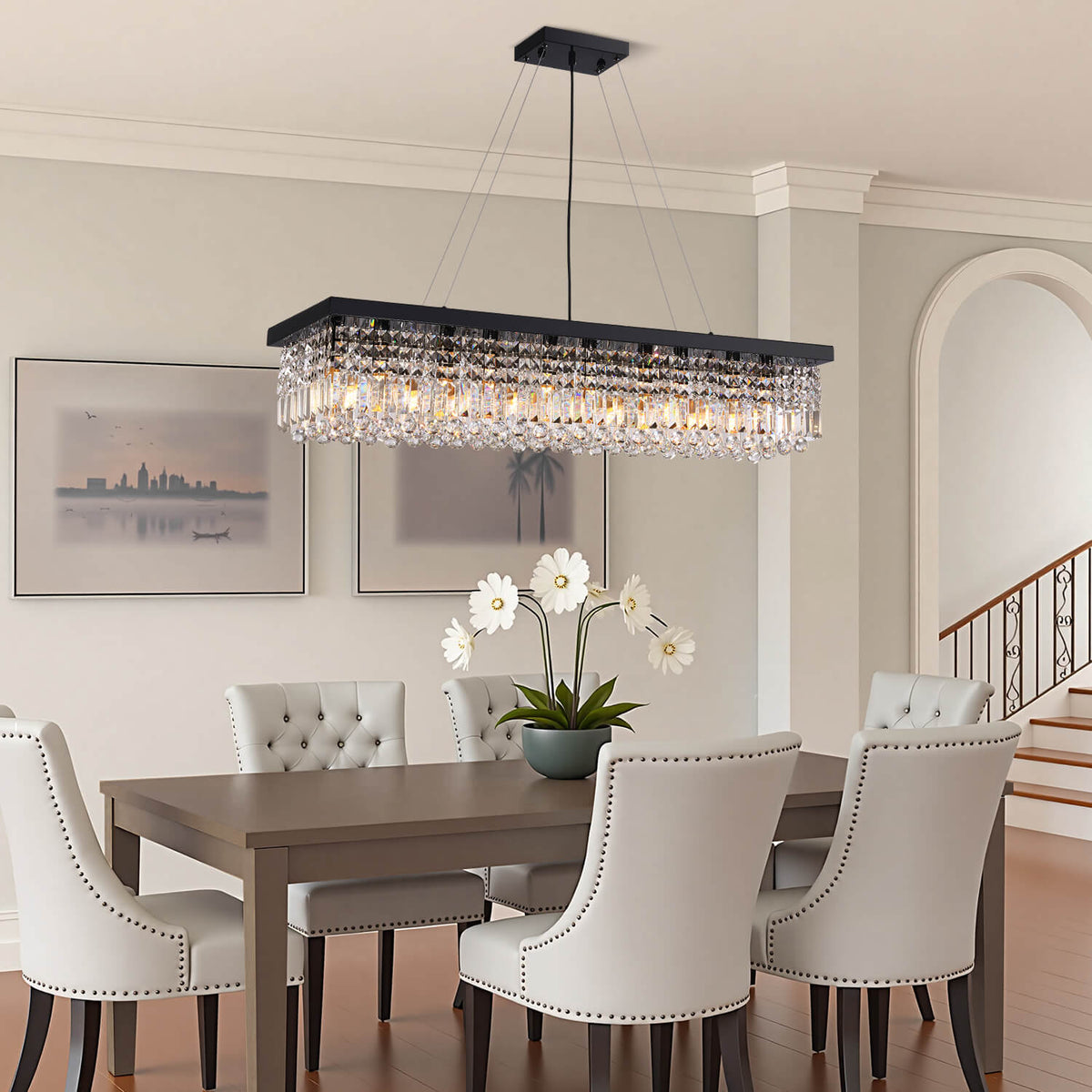 Linear Crystal Pendant Light 47 in Matte Black Rectangular Hanging Fixture for Kitchen Island Dining Table Modern Raindrop Lighting | Thomler