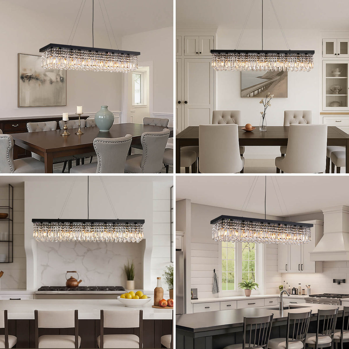 Linear Crystal Pendant Light 47 in Matte Black Rectangular Hanging Fixture for Kitchen Island Dining Table Modern Raindrop Lighting | Thomler