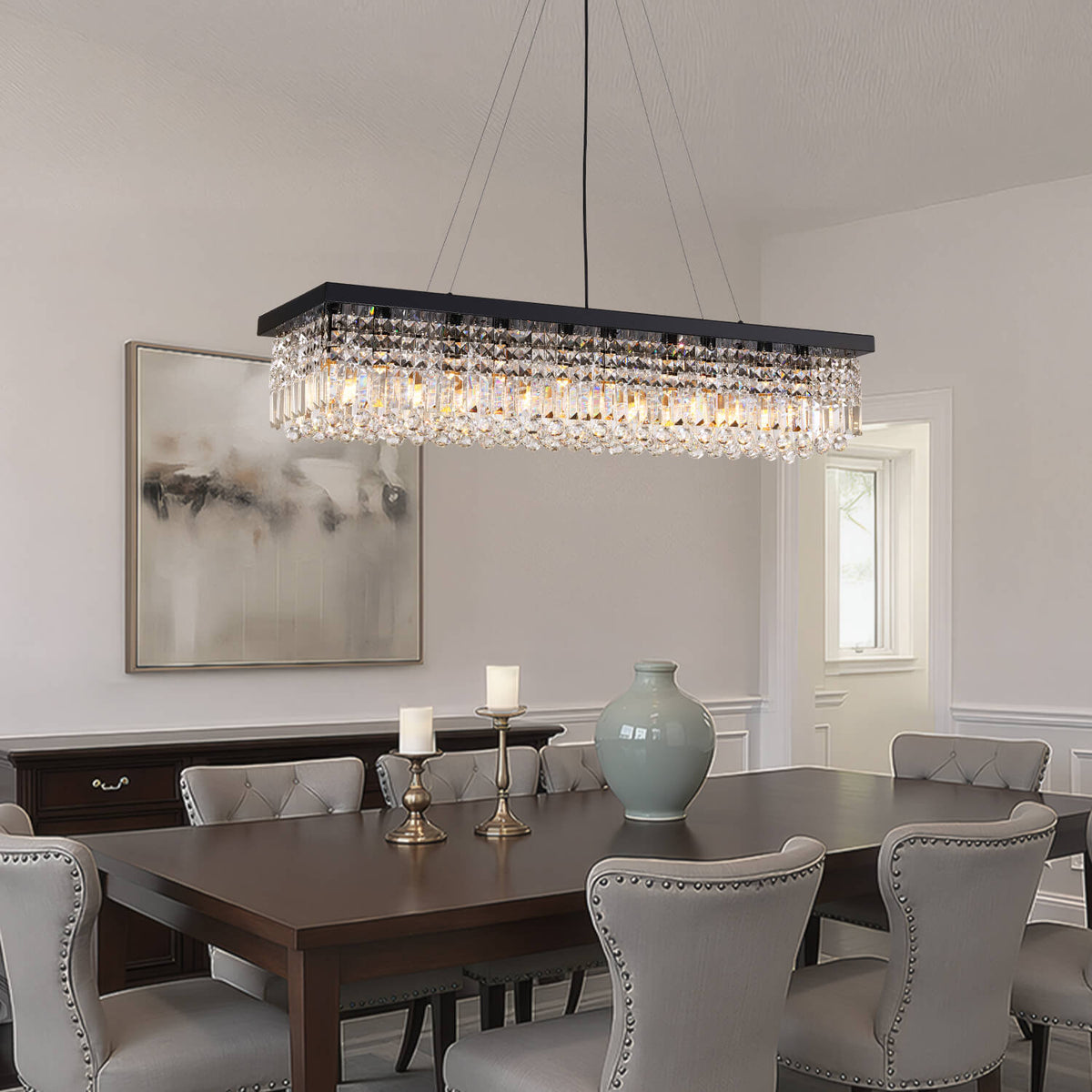 Linear Crystal Pendant Light 47 in Matte Black Rectangular Hanging Fixture for Kitchen Island Dining Table Modern Raindrop Lighting | Thomler