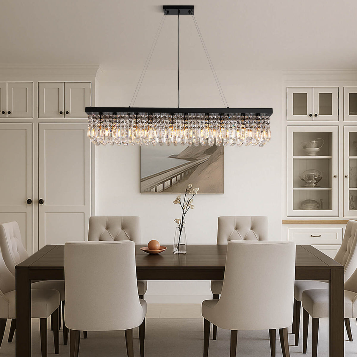 Linear Crystal Pendant Light 47 in Matte Black Rectangular Hanging Fixture for Kitchen Island Dining Table Modern Raindrop Lighting | Thomler