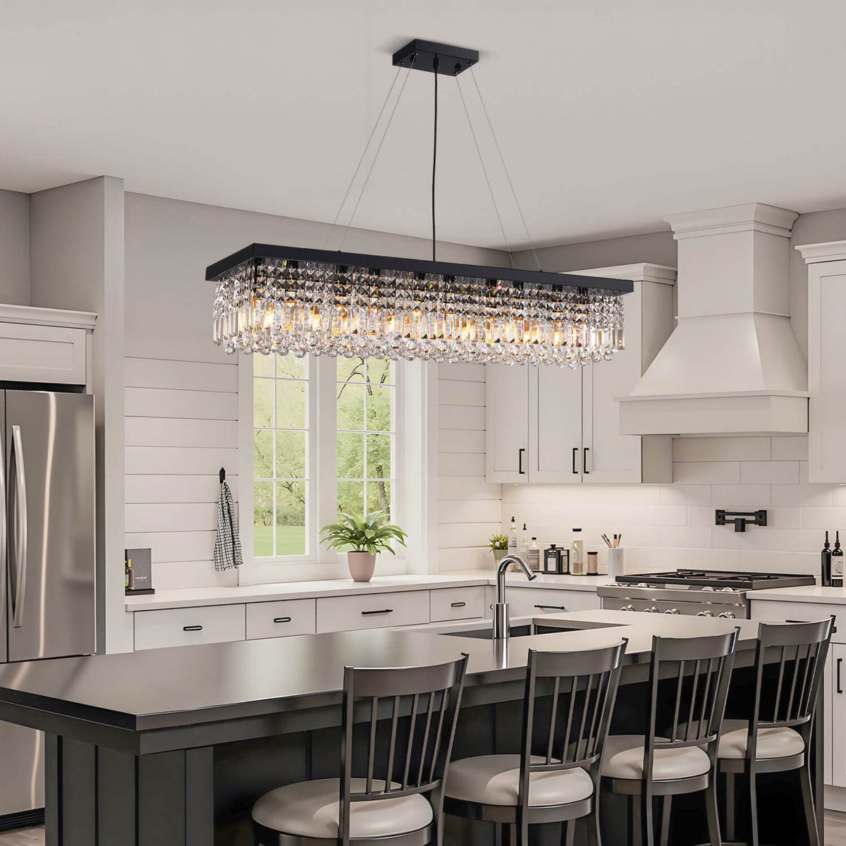 Linear Crystal Pendant Light 47 in Matte Black Rectangular Hanging Fixture for Kitchen Island Dining Table Modern Raindrop Lighting | Thomler