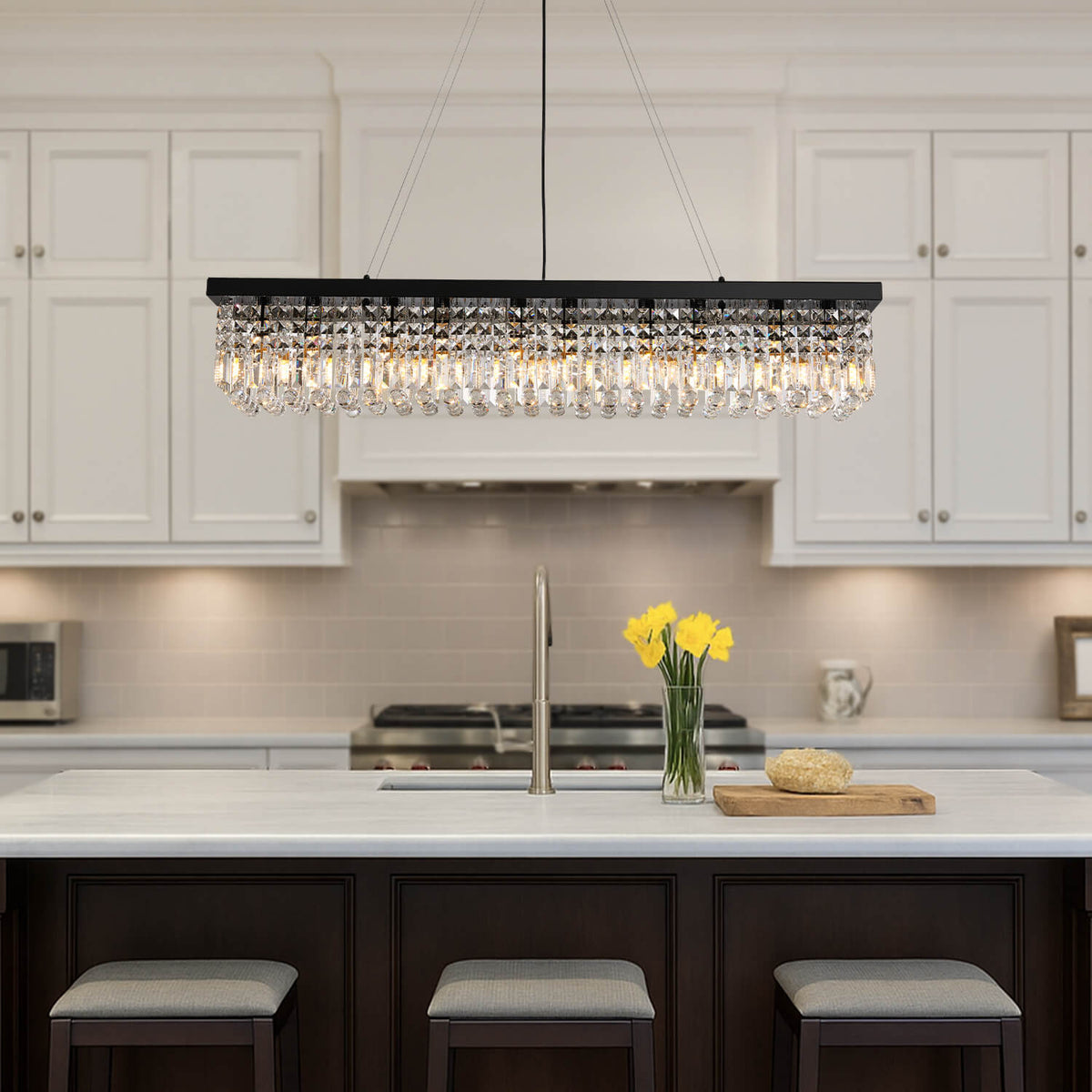 Linear Crystal Pendant Light 47 in Matte Black Rectangular Hanging Fixture for Kitchen Island Dining Table Modern Raindrop Lighting | Thomler