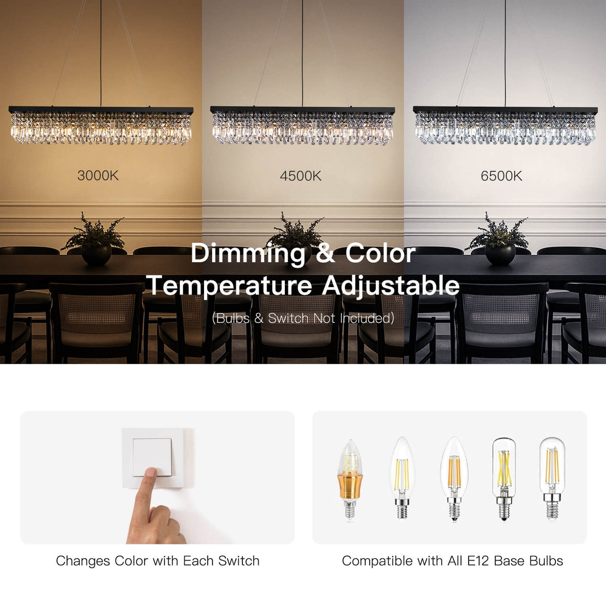 Linear Crystal Pendant Light 47 in Matte Black Rectangular Hanging Fixture for Kitchen Island Dining Table Modern Raindrop Lighting | Thomler