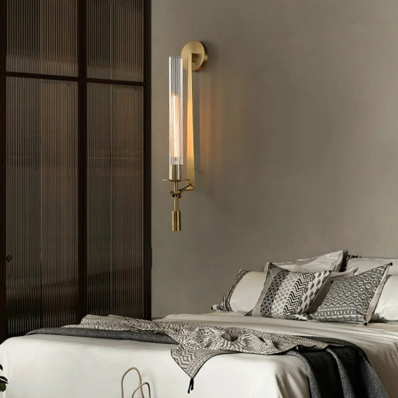 Vertical Glass Sconce with Gold Metal Frame 23 Inch LED Fixture for Bath Vanity Bedroom Hallway Ambient Illumination Contemporary Accent | Thomler
