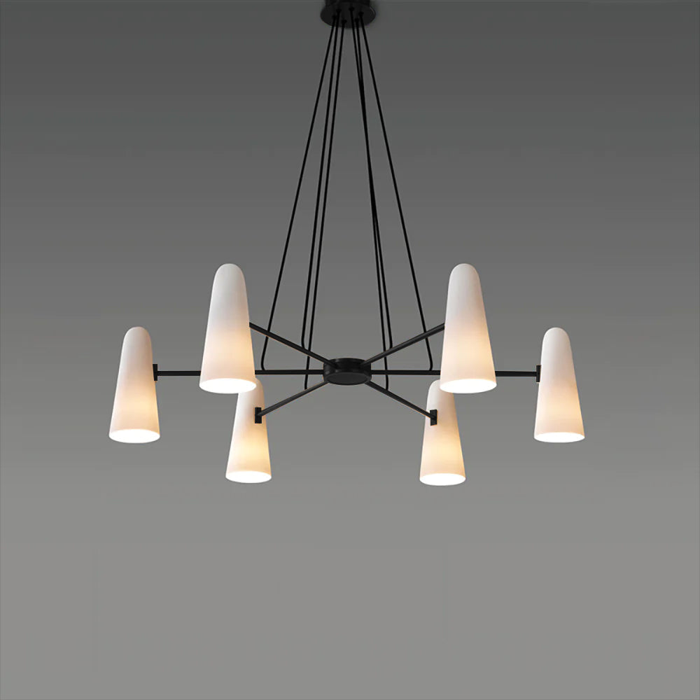 Plafondlamp met matglazen bollen in metalen frame voor eet- of woonkamer, 6 tot 8 armen, uitschuifbaar snoer | Thomler