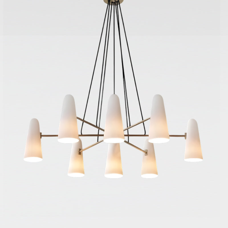 Plafondlamp met matglazen bollen in metalen frame voor eet- of woonkamer, 6 tot 8 armen, uitschuifbaar snoer | Thomler