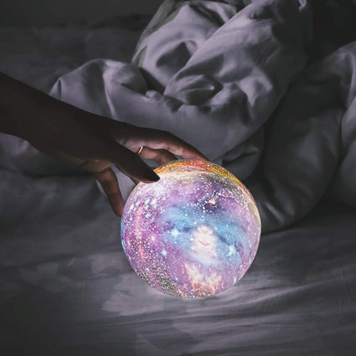 3D Printed Lunar Surface Night Light with Remote Control 16-Color LED Sphere on Wood Base for Bedroom Desk Space Decor | Thomler