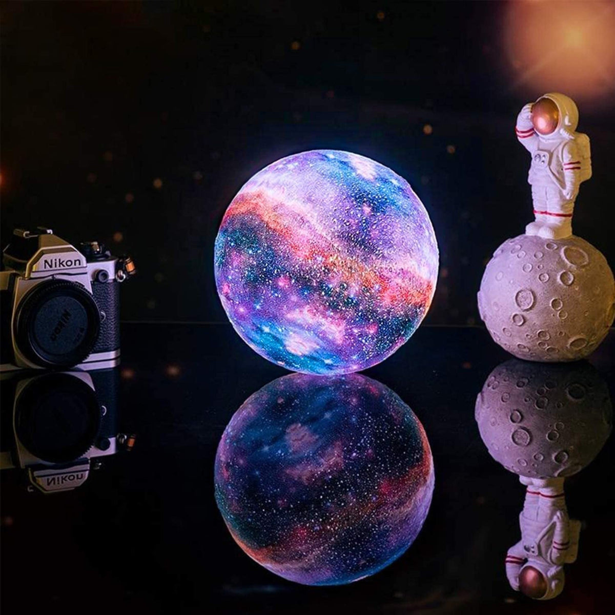 3D Printed Lunar Surface Night Light with Remote Control 16-Color LED Sphere on Wood Base for Bedroom Desk Space Decor | Thomler