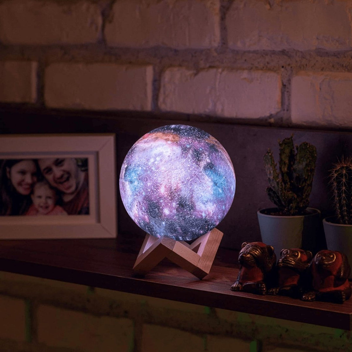 3D Printed Lunar Surface Night Light with Remote Control 16-Color LED Sphere on Wood Base for Bedroom Desk Space Decor | Thomler