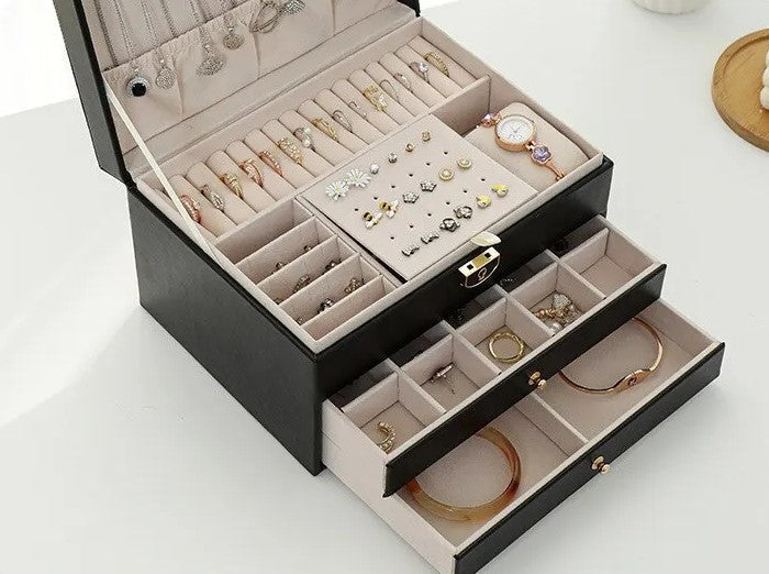 Stackable Jewelry Organizer Box Black 9×7×5 Inch Multi-Compartment Ring Necklace Earring Holder for Dresser Bedroom Vanity Tabletop Storage | Thomler