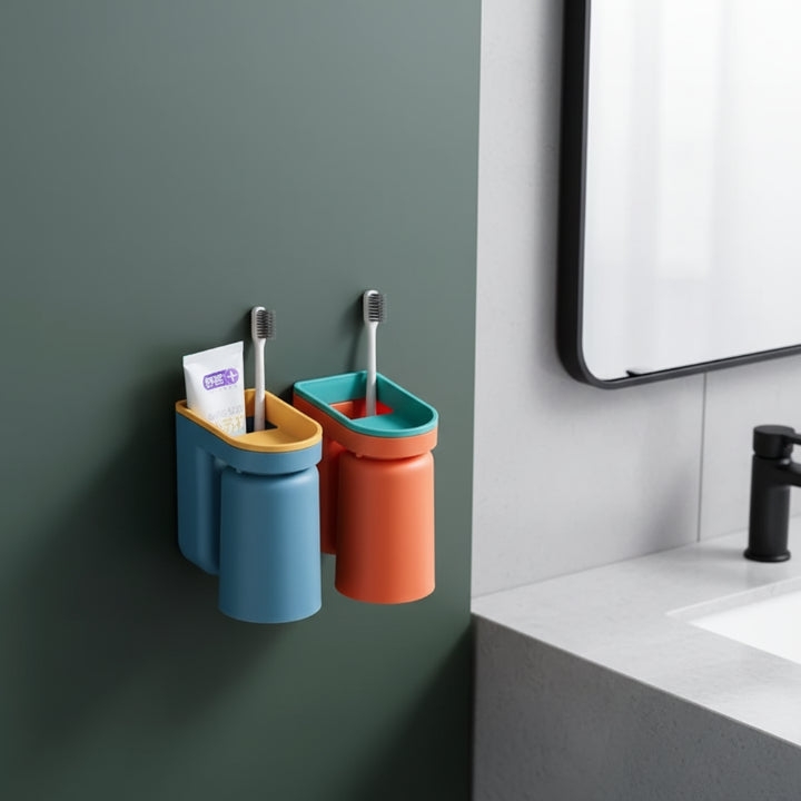 Wall-Mount Toothbrush Caddy Adhesive Bathroom Organizer 4.9 in Drill-Free Toothpaste Cup Holder for Sink Counter Space Saving | Thomler