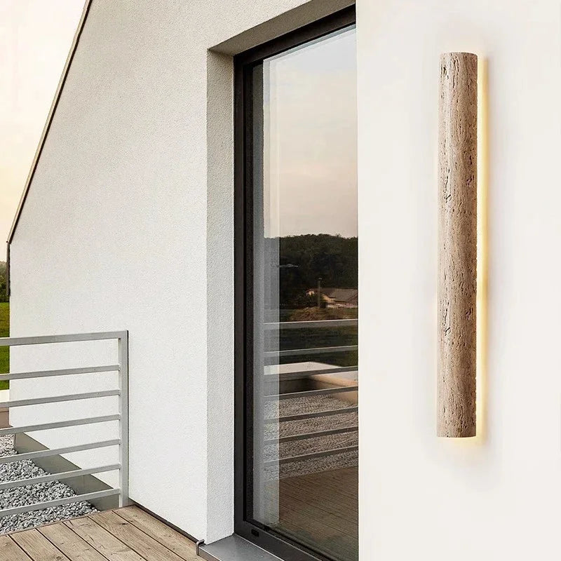 Travertine Stone LED Sconce Light 14 in Taupe Minimalist Fixture Bathroom Bedroom Hallway Vertical Indoor Japandi Corridor Ambient Lighting | Thomler