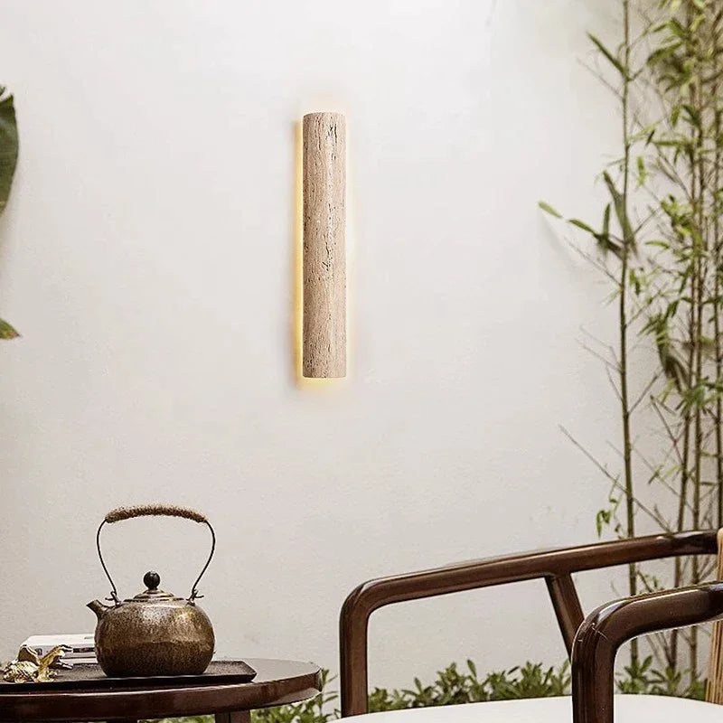Travertine Stone LED Sconce Light 14 in Taupe Minimalist Fixture Bathroom Bedroom Hallway Vertical Indoor Japandi Corridor Ambient Lighting | Thomler
