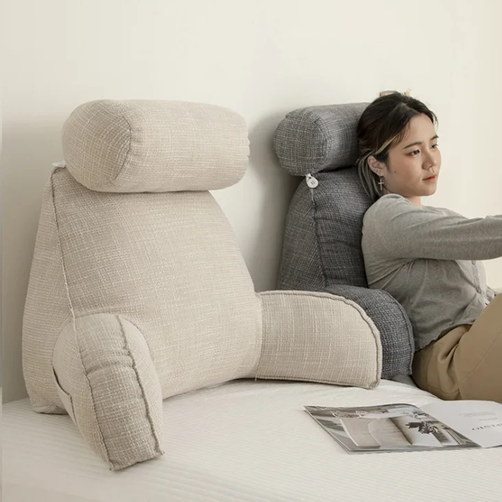 Adjustable Backrest Cushion with Movable Headrest & Side Pocket for Bed or Couch