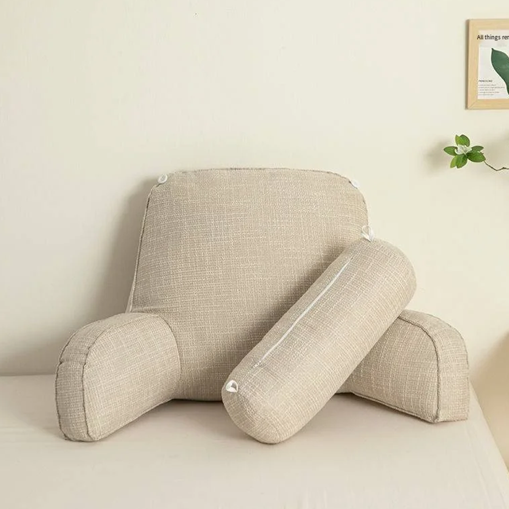 Adjustable Backrest Cushion with Movable Headrest & Side Pocket for Bed or Couch