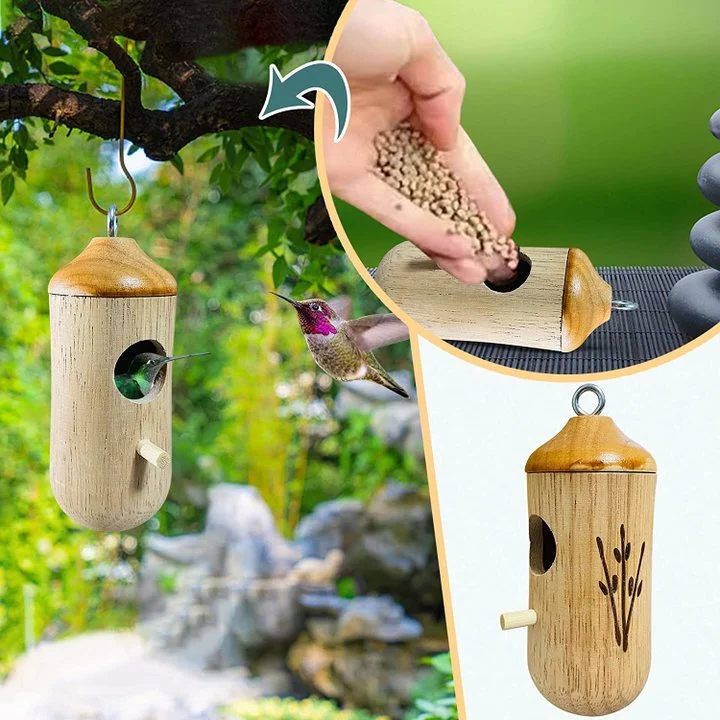 Kolibri-Nistkasten mit Holzmaserung und Aufhängeschlaufe für den Garten