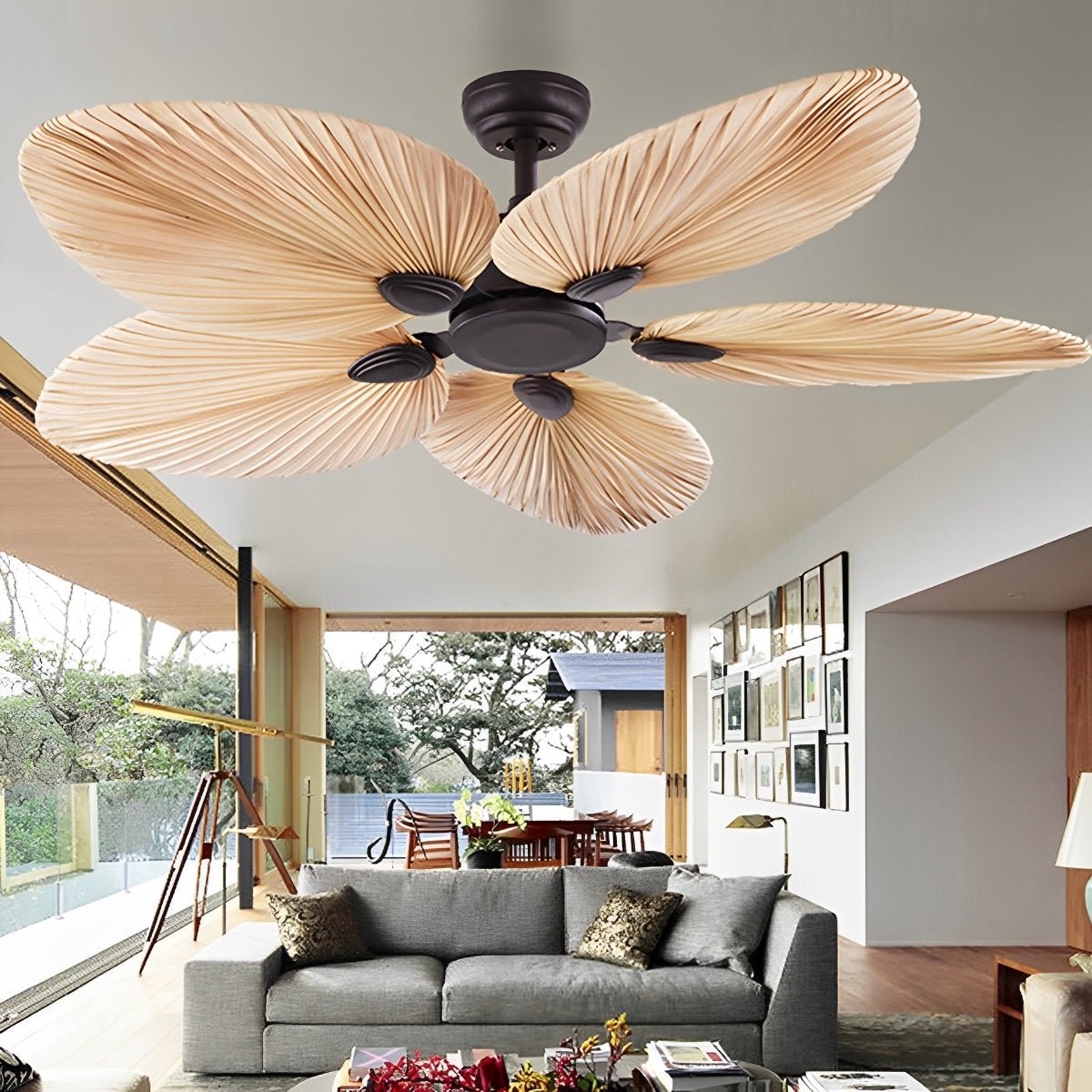 Ventilador de techo tropical de 52 pulgadas con control remoto, motor de CC ultrasilencioso para dormitorios y salas de estar | Ventilador de enfriamiento estilo palma marrón natural | Thomler
