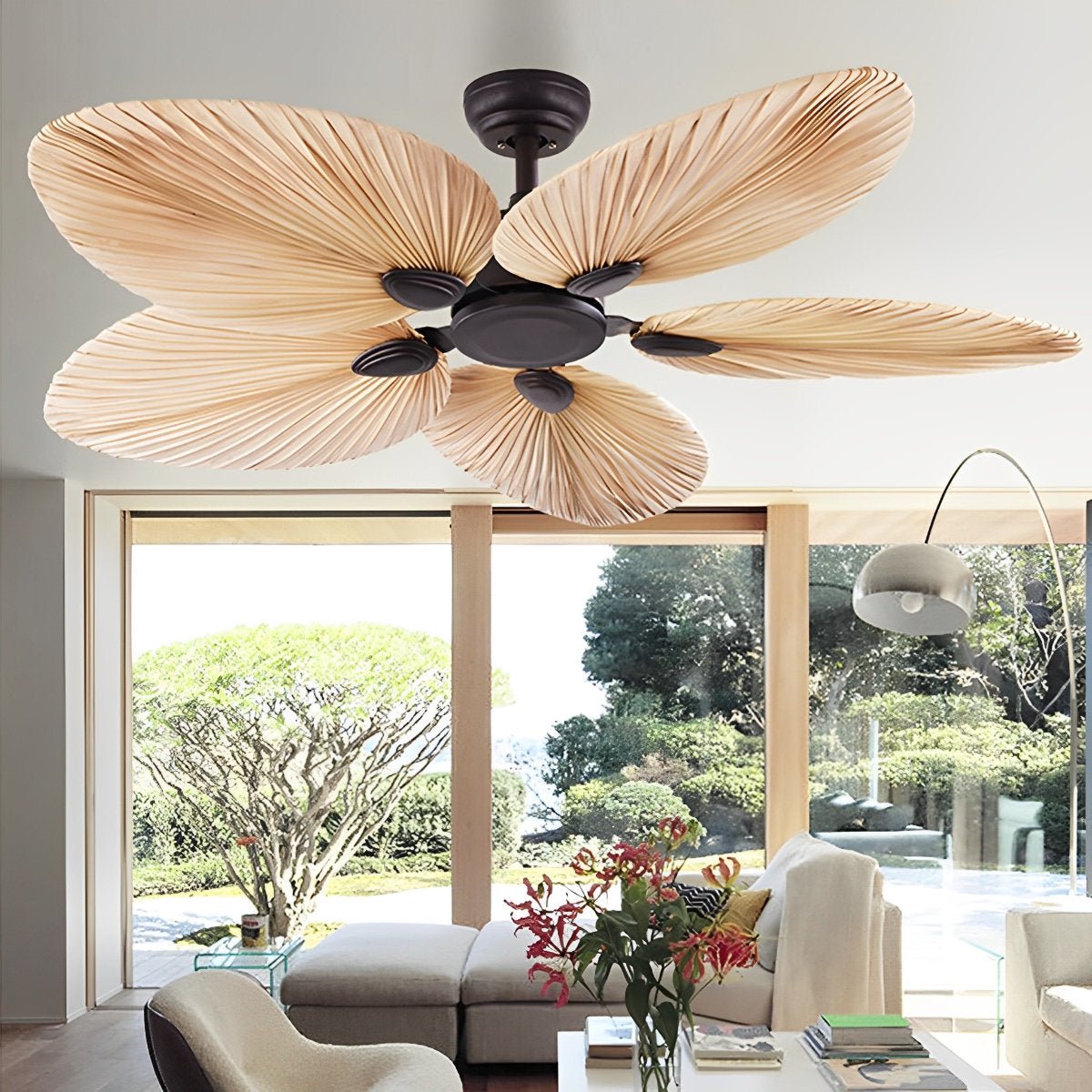 Ventilador de techo tropical de 52 pulgadas con control remoto, motor de CC ultrasilencioso para dormitorios y salas de estar | Ventilador de enfriamiento estilo palma marrón natural | Thomler