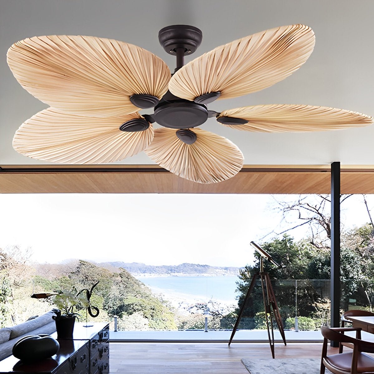 Ventilador de techo tropical de 52 pulgadas con control remoto, motor de CC ultrasilencioso para dormitorios y salas de estar | Ventilador de enfriamiento estilo palma marrón natural | Thomler