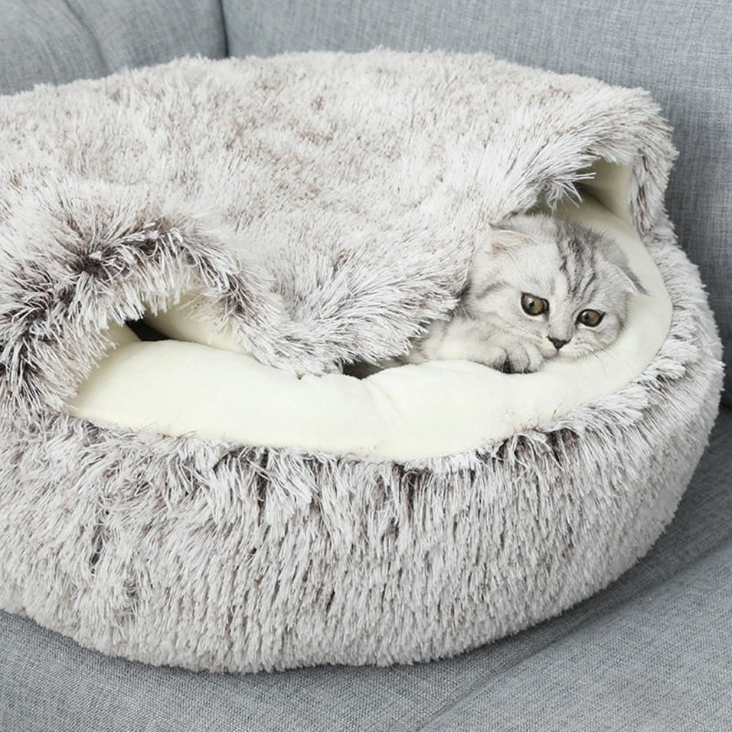 Haustierhöhle mit Plüsch-Innenfutter und halb abgedecktem Design für Katzen und kleine Hunde