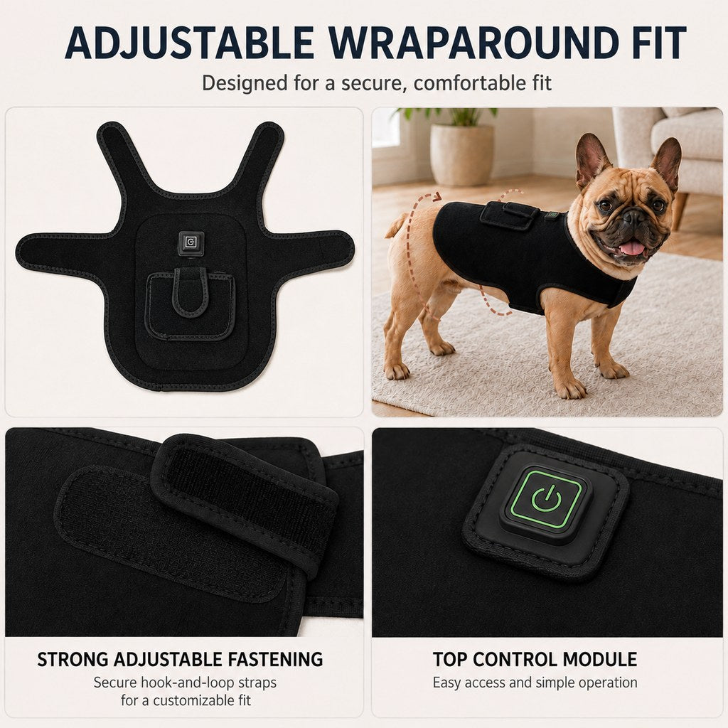 Chaleco de luz roja para mascotas (perros y gatos) – Envoltura de confort con infrarrojo cercano de 660 nm + 850 nm para espalda, cadera y articulaciones – Recargable por USB