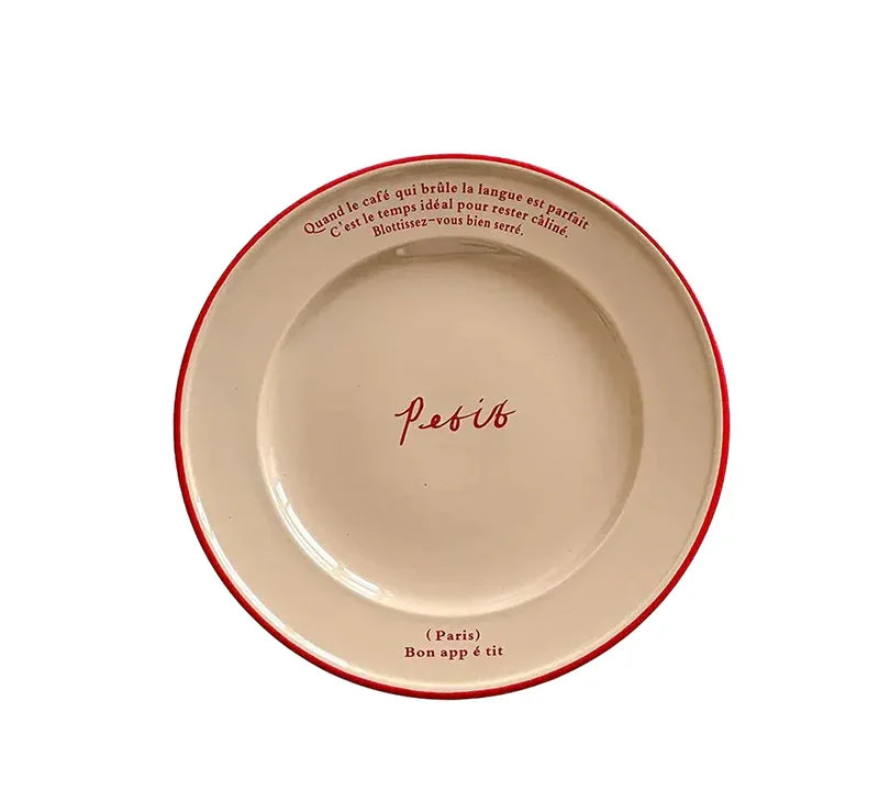 Ceramic Dessert Plate 8 Inch Round Pastel Serving Dish with Script Detail for Kitchen Table Breakfast Pastry Appetizer Snack | Thomler
