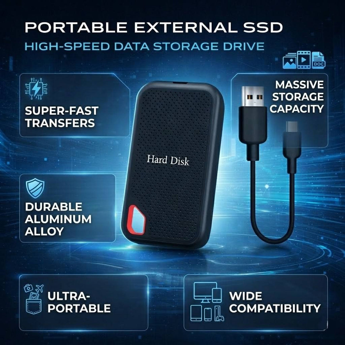 Draagbare externe SSD-harde schijf, snelle gegevensopslag met duurzame aluminiumlegering